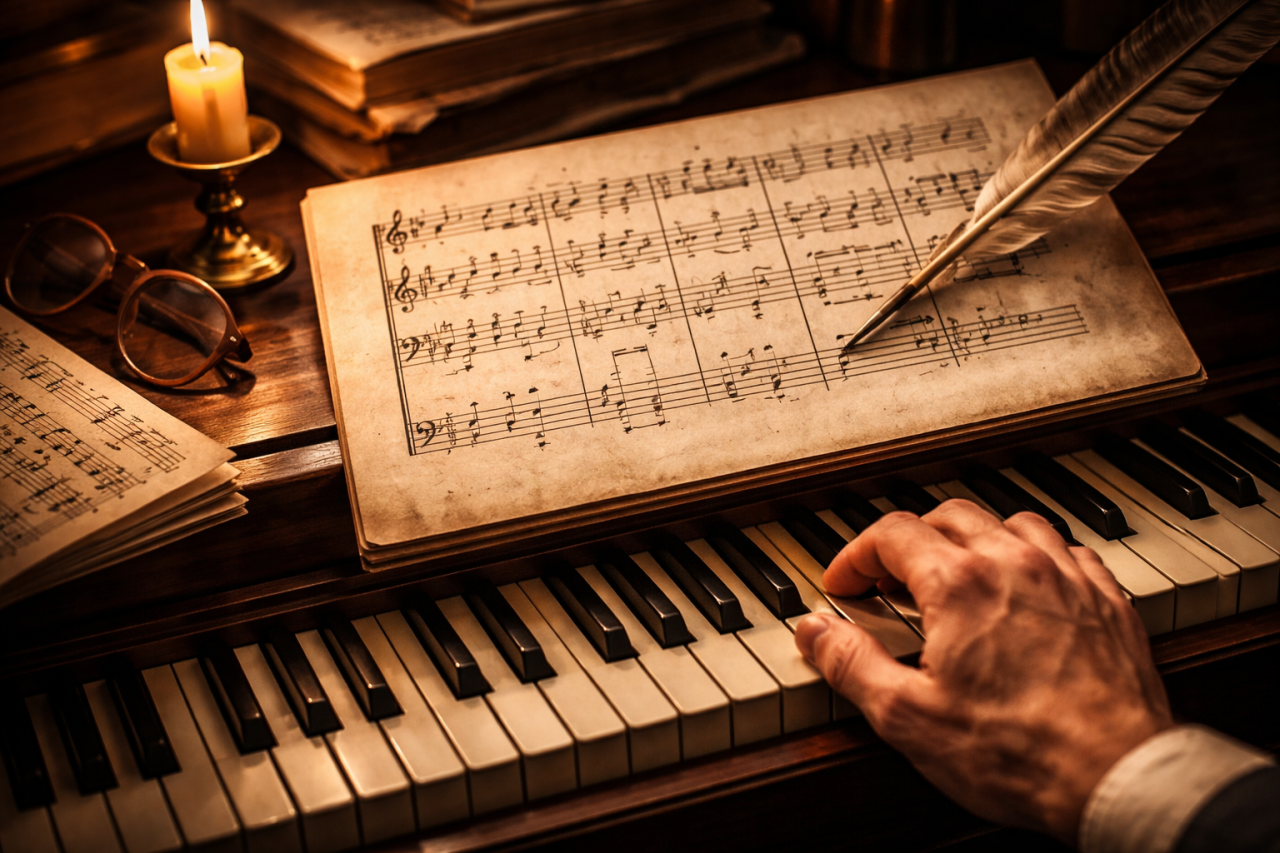 Harpsichord player interpreting figured bass from Baroque sheet music with candlelight setting